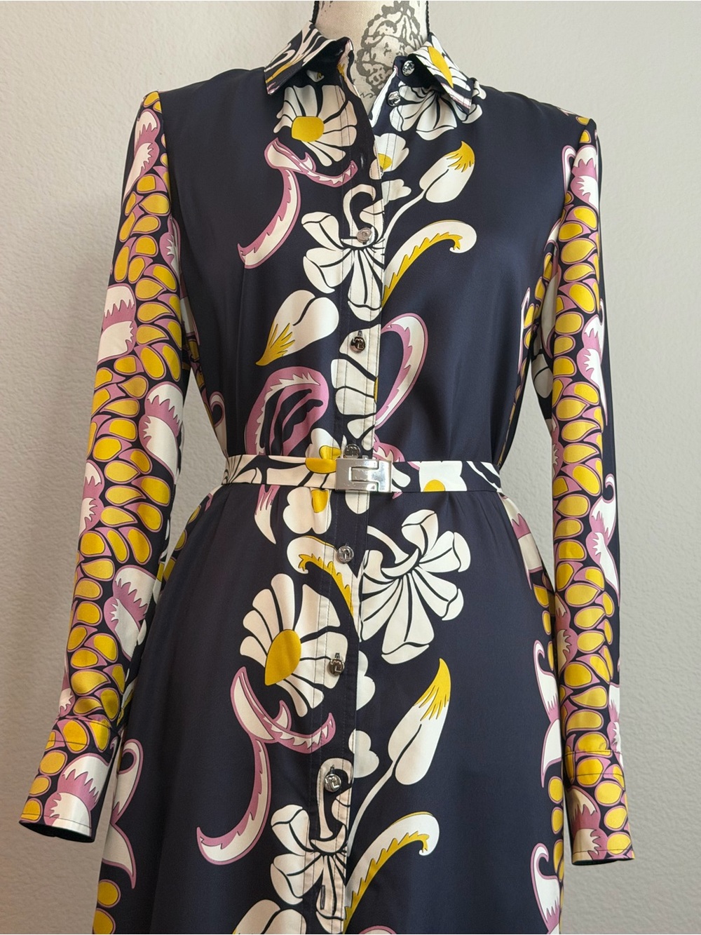 Tory Burch Printed Silk Twill Shirtdress Pink Tropical Border Belted Size 2 - Picture 5 of 13